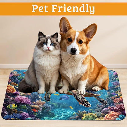 Sea Turtle Dog Cat Food Mat,Colorful Coral Absorbent Waterproof Placemat for Food and Water Non Slip Rubber Backing Durable Feeding Pad for Clean Floors 16" x 24"