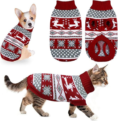 Cat Dog Christmas Sweater Pet Winter Warm Coat Pajamas Small Dog Sweaters Reindeer Snowflake Christmas Sweater for Large Cats Small Dogs (Reindeer, L)