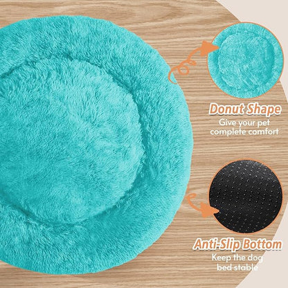 JOLLYVOGUE Calming Small Dog & Cat Bed for Indoor Cats - 20 inches Washable Donut Bed for Kittens & Puppies, Anti-Anxiety Round Fluffy Plush Pet Beds (Fits up to 15 lbs, Aqua Blue)