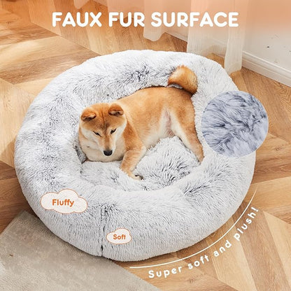 Sweetcrispy Donut Dog Bed, XL Large Round Calming Cat Bed with Washable Waterproof Cushion, Anti-Anxiety & Anti-Slip Fluffy Cuddle Cozy Faux Fur Plush for Pet Puppy Indoor Sleeping (37.4"x37.4", Gery)