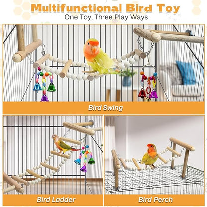 PINVNBY 3PCS Bird Ladder Bridge, Natural Wood Climbing Ladders Flexible Parrot Swing Toys for Parakeets, Cockatiels, Lovebirds, Amazon Parrots, Conures (11 x 6.3 x 6.7 inches)