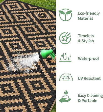 GENIMO Outdoor Rug Waterproof, 10' x 10' Reversible Plastic Straw Rugs, Lightweight Large RV Camping Mat for Patio, Deck, Camper, Balcony, Backyard, Picnic, Black & Brown