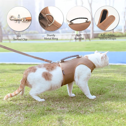 Cat Harness and Leash for Walking Escape Proof Breathable Mesh Fabric, Solid Brown, XX-Large, Adjustable Cat Walking Jackets with Handle, Padded Stylish Cat Vest
