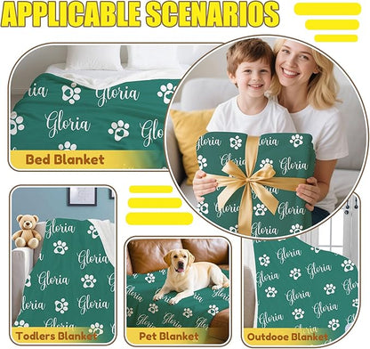 Personalized Paw Print Dog Blanket with Pet Name Face-Custom Puppy Blankets with Picture for Dogs-Customized Dog Memorial Throw Fleece Blanket-Loss of Pets Supplies Sympathy Gift for Bed Sofa Travel