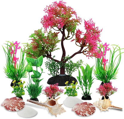 Aquarium Plants with Natural Decorations Shells, 15pcs Fish Tank Decoration Colorful Artificial Fish Tank Decor Plants Aquarium Decorations for Household and Office Aquarium Simulation