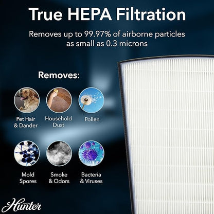 Hunter HP800 Air Purifiers for Home Large Room and Bedroom. True HEPA Air Purifier for Pets, Odors, Allergens, Smoke, Dust, VOC's. Value Bundle w/Extra Filter. Cleans 2585 Ft² per hour. Black