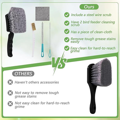 5Pcs Bird Bath Brush Kit, Larbeti 1P Hard Silk Bristle Bird Bath Cleaner Brush, 2P Hummingbird Feeder Cleaning Scrub, 1P Steel Wire Scrub, 1P Clean-Cloth to Hummingbird Feeders, Bath Feeders