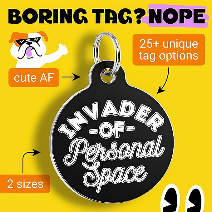 Bad Tags Personalized Dog and Cat ID Tags in 25+ Designs and 2 Sizes - 5 Lines of Custom Engraved Text - Funny Cute Personalized Pet Tags (Invader of Personal Space - Black, Large (1.25 inch))