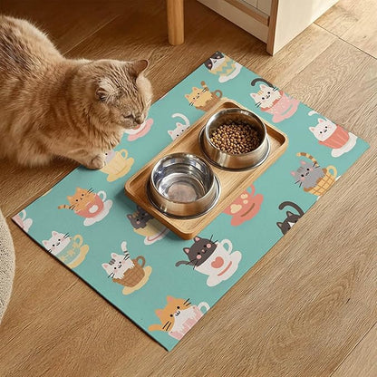 Cat Feedings Mats 20x12 inch Teacup Cat Print Pet Bowl Placemat Non Slip Mat for Cats Food and Water Indoor Kitty Feeding Station Cute Cats Meal Mat for Small Pets Kitchen Floor Use
