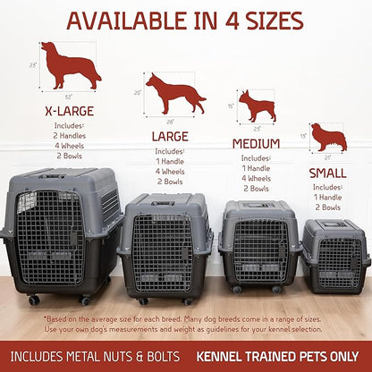 SportPet Airline Compliant MEDIUM 24.25" Travel Dog Kennel-Durable Plastic Airline Pet Carrier w/ Removable Wheels & Food Bowls, Collapsible Indoor/Outdoor Dog Kennel, Dogs up to 23"L & 15"H-Dark Gray