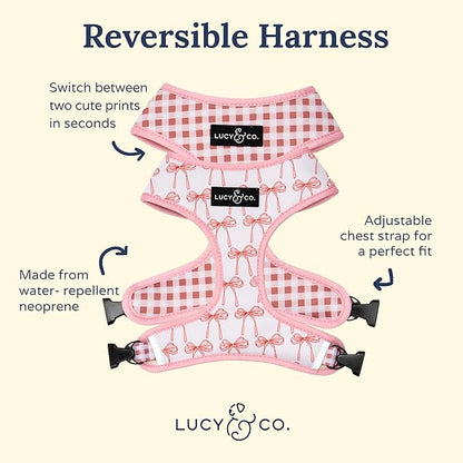 Lucy & Co. Cute Reversible Dog Harness Walking Halter - Best Designer Pet Harnesses for XS - XL Dogs - Padded Adjustable Vest for Easy Walking (Medium, Ballet Bows - White & Pink Bows)