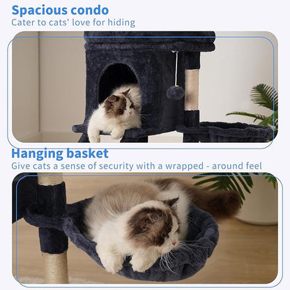 Heybly Cat Tree Tower, Cat condo for Indoor Kittens, Cat House with Wide Plush Top Perch, Ladder, Basket, Sisal-Covered Scratching Posts, Cozy Activity Center for pet, Smoky Gray HCT009SG