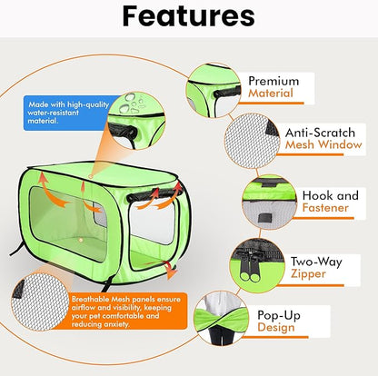 Beatrice Home Fashions Portable, Collapsible, Pop Up Kennel Travel Cat and Dog Crate, 24" L x 16.6" W x 16" H, Green