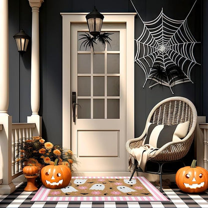 Tinideya 2 Pcs Door Mat Welcome Non Slip Coir Mats Floor Layering Doormats Seasonal for Front Porch Entryway Decor(Flower Ghost)