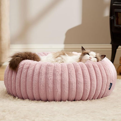 Bedsure ComfyFleece™ Cat beds for Indoor Cats - Donut Dog Beds for Small Dogs with Corduroy Fleece & Anti Slip Bottom, Faux Fur Pet Beds with Washable Removable Cover, Blush Pink, 20x20x6 inches