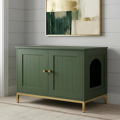 Homhedy Cat Litter Box Enclosure, Cat Washroom Furniture with Metal Frame, Pet House, Fit Most of Litter Box, Modern Style, Green and Gold