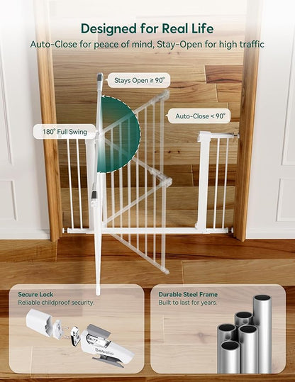 BABELIO Safety Gate Door Fits for Stairs, Narrow and Wide Doorways with Auto Close, Easy Install, No Drilling, Pressure Mounted for Baby, Child, Pets, Dog/Puppy, 26''-40'', White