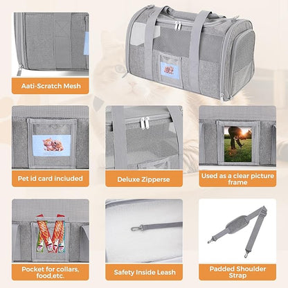 Soft Cat Carrier for Pets Up to 25 lbs, Cat Pet Travel Bag with Padded Shoulder Strap and Detachable Cat Food Bowl, Pet Dog Carriers for Small Dogs and Puppies, Travel Carry, Gray