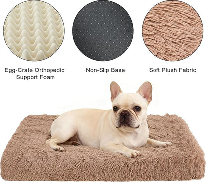 Fluffy Orthopedic Dog Beds for Medium Dogs with Washable Removable Cover Dog Crate Bed Egg Crate Foam Support Plush Pet Pad Mat with Anti-Slip Bottom(36 * 24,Khaki)