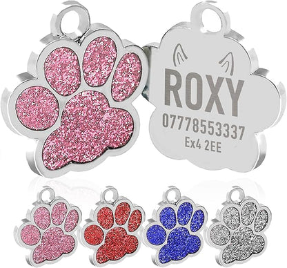 EDSG Cat Dog Tags Personalized for Pets, Dog Name Tags Cat Name ID Tag, Engraved Dog Tags Dog ID Tags Small Glitter Bling ID Tag Paw Print for Cat Pet Dog Puppy(Silver,Design 3)