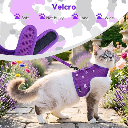 Kitty Harness and Leash for Walking Escape Proof Breathable Mesh Fabric, Purple, X-Small, Adjustable Cat Walking Jackets with DIY Beads, Padded Stylish Cat Vest