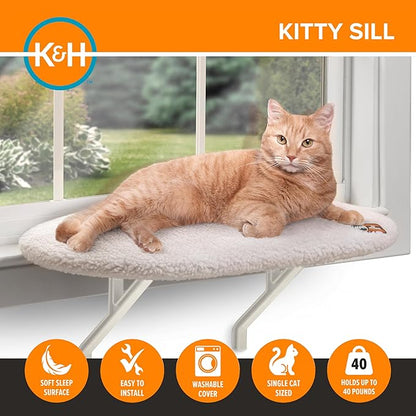 K&H Pet Products Kitty Sill Cat Window Perch for Large Cats, Orthopedic Window Hammock Bed Holds 40LBS, Washable Cover, Kitty Windowsill Bed Seat for Indoors - Cream Fleece, Unheated, 14 X 24in