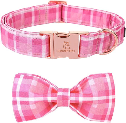 Lionheart glory Pink Plaid Dog Collar, Adjustable Dog Collar with Bowtie, Pet Gift Girl Collar for Dog Soft Bowtie Dog Collars for Small Dogs