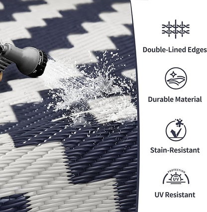 GENIMO Outdoor Rug for Patio Clearance,6'x9' Waterproof Mat,Reversible Plastic Camping Rugs,Rv,Deck,Porch,Camper,Balcony,Backyard (Navy Blue & White)