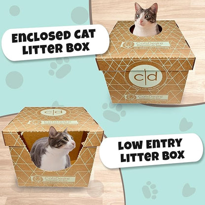 Cats Desire Litter Box - Disposable Litter Box Pack (6 pcs) - Top/Low Entry - Includes 2 lids, 2 Bases and 2 Multipurpose Pads - Partially Recycled Cardboard, 17" L x 17" W x 15.25" H