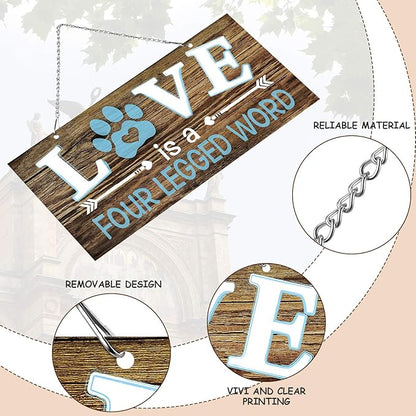 Dog Wall Decor Room Love Is a Four Legged Word Pet Paw Sign Dog Vintage Metal Hanging Decorative Signs Plaque Wall Decorative for Christmas Pet Lover Gifts Thanksgiving(10 x 5 Inch)