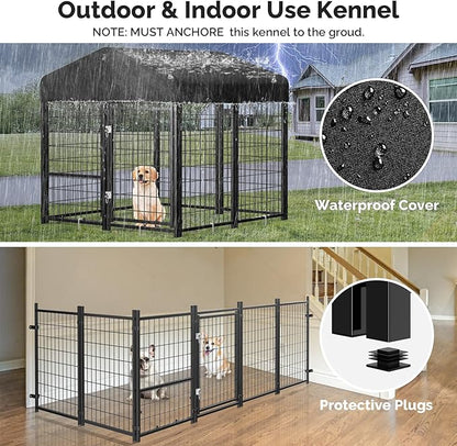Sino Luban Outdoor Dog Kennel Outside Run with Doggy Door&Waterproof Roof - 4x4x4.6FT Large Dog Kennels Pens Outside for Small/Medium Dogs - Heavy Duty Cage Yard (Can Connect to Your Dog House)