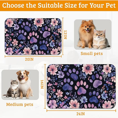 Paw Print Dog Food Mat,Watercolor Flower Absorbent Pet Feeding Mat for Food and Water Bowl,Quick Dry Dog Placemat Non Slip Rubber Backing Waterproof Pet Supplies 16" x 24"