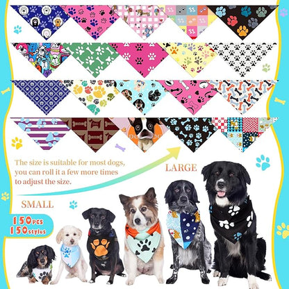 150 Pcs Paw Dog Bandanas Bulk Pet Bibs Colorful Triangle Scarf Pet Paw Bandanas for Medium Large Dogs Spring Summer Birthday Costume Decoration