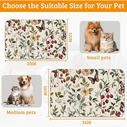 Butterfly Flower Dog Food Mat,Vintage Berry Absorbent Pet Feeding Mat for Food and Water Bowl,Quick Dry Dog Placemat Non Slip Rubber Backing Waterproof Pet Supplies 16" x 24"