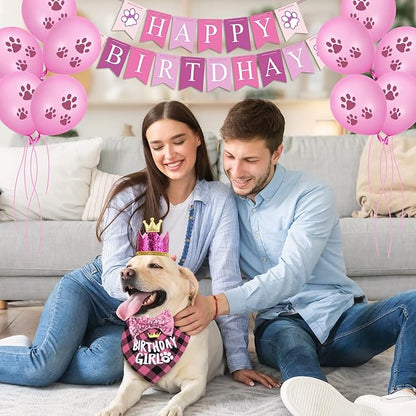 Dog Birthday Party Supplies, Dog Birthday Hat Bandana Scarf with Cute Bow Tie, Flag, Balloons for Small Medium Dogs Pets, Doggie Party Supplies Decorations