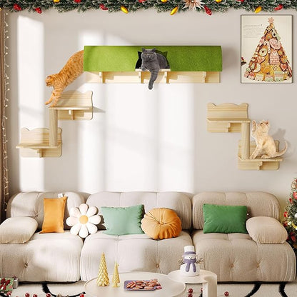 7-in-1 Cat Wall Shelves and Perches, Floating Cat Shelves Set, Solid Wood Wall Cat Furniture(Set of 7), Cats Climbing Shelves with Bed, Steps, Scratching Post and Tunnel