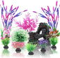 Fish Tank Accessories, Aquarium Fish Tank Plastic Plants and Cave Rock Decorations Set 10 Pieces, Small and Large Artificial Aquarium Plants with Cave Rock