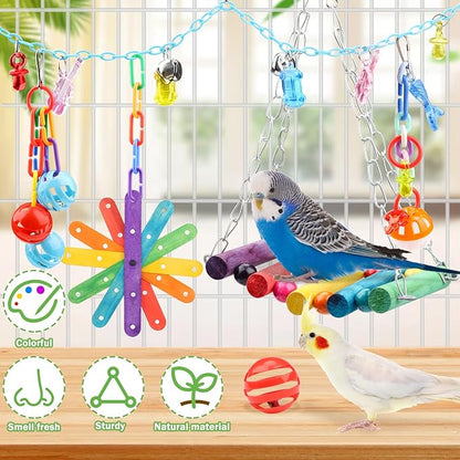 9 Pcs Parakeet Cockatiel Bird Toys, Parrots Cage Accessories Swing Rope Hanging Wooden Perch Chewing Toy for Budgerigar, Parrot, Cockatiel