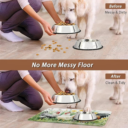Chicken Rooster Dog Food Mat for Floors,Farm FlowerAbsorbent Pet Food and Water Bowl Mats,Non-Slip Pet Feeding Mat,Pet Supplies 16" x 24"