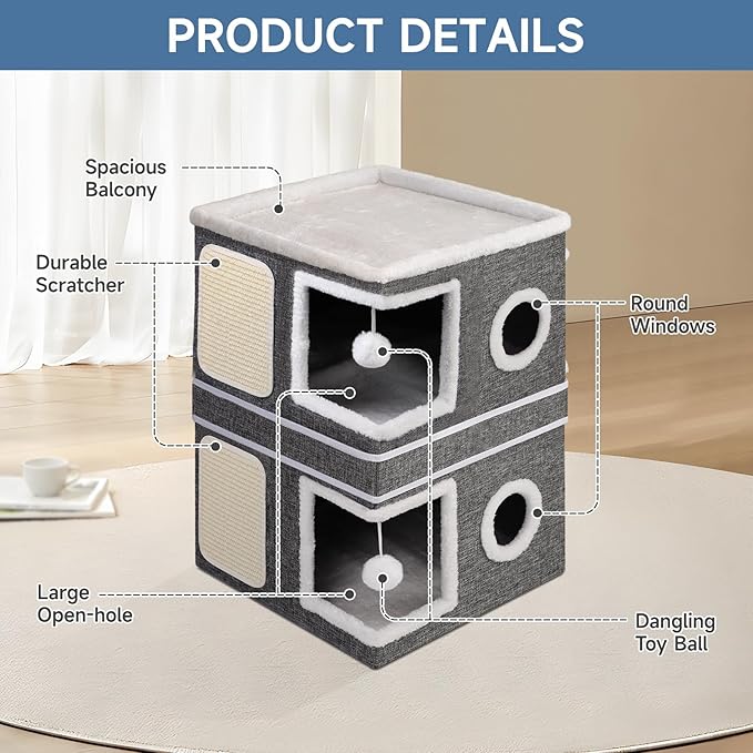 Shikha 2-Storey Cat Houses for Indoor Cats, Dual-Purpose Double Large Cat Beds Cave with Hideaway Condos, Scratch Pads, Fluffy Balls, Foldable Indoor Cat Cube House for Multi Small Pets Kitten, Grey