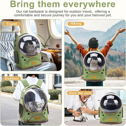 Cat Backpack Carrier, Breathable Cat Bubble Backpack Upgrade Large Space Cat Carrier for Kitty Small Dog, Foldable Airline Approved Cats Backpack, Enlarge Transparent PetTravel Backpack (Green)