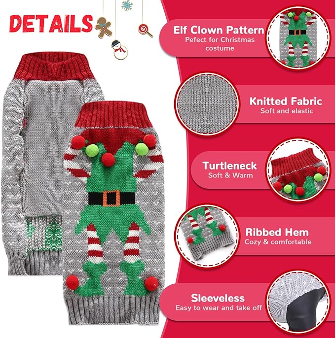 Dog Cat Ugly Christmas Sweater Boy Girl Xmas Pet Clothes Holiday Puppy Costume New Year Gifts for Small Medium Large Dogs Outfits (M, Grey Elf)