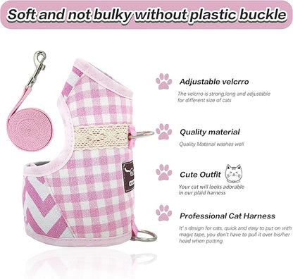 Cat Harness and Leash for Walking Escape Proof, Adjustable Cat Vest Harness, Padded Stylish Cat Walking Jackets, Pink Plaid, Small
