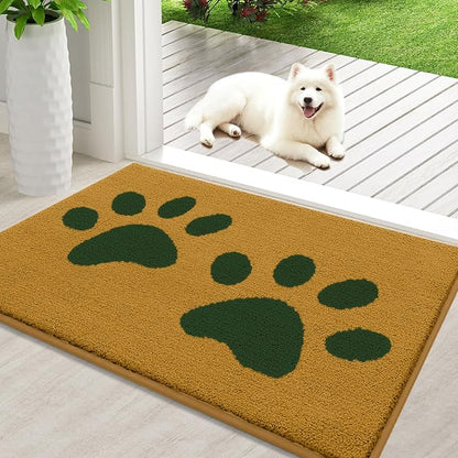Buganda Dog Door Mat for Muddy Paws, Absorbent Dirt Trapper Washable Indoor Doormats, Non Slip Low-Profile Mud Mat for Dogs, Front Entrance Doormat for Inside Floor (36x24 Inches, Yellow and Green)