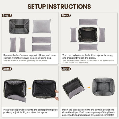 Washable Dog Bed for Small Medium Dogs - Rectangle Orthopedic Corduroy Fleece Pet Bed with Removable Cover and Nonskid Bottom, Calming Puppy Bed Soft Pet Sofa, Grey(35x25x9inchs)