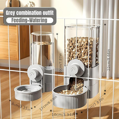 GPY Automatic Hanging Gravity Pet Feeder and Water Dispenser Set ，Automatic Rabbit Feeder and Dog Water Dispenser for Dogs Cats Pets Animals Large Capacity (Blue Water Feeder&Food Feeder) (Grey)