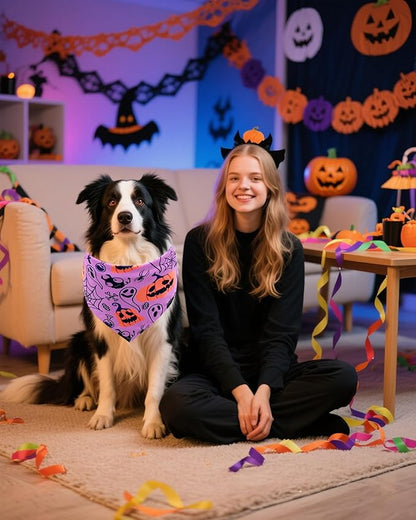 PET SHOW 50 Pack Halloween Big Dog Bandanas Bulk XL Washable Triangle Bibs for Medium Large Dogs Girl Boy Ghost Pumpkin Kerchief Set Pet Scarves Holiday Grooming Accessories