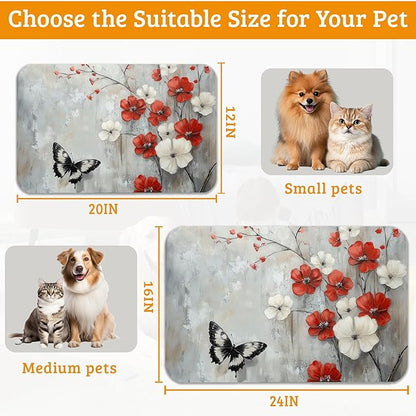 ButterflyFlowers Dog Cat Food Mat,Red White Absorbent Waterproof Placemat for Food and Water Non Slip Rubber Backing Durable Feeding Pad for Clean Floors 16" x 24"
