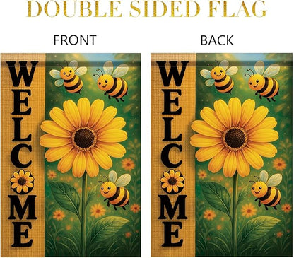 Spring Summer Garden Flag Bee Sunflower Flag 12x18 Inch Double-Sided Cute Welcome Yard Banner Floral Outdoor Decor for Porch Lawn Pathway Cottage Farmhouse Gift