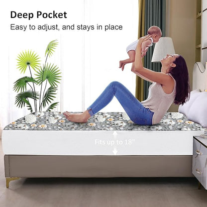 Twin Mattress Protector Waterproof, Fitted Sheet Style Breathable Mattress Cover with Deep Pocket Fits Up to 18'', Noiseless Bed Cover for Kids Adults Pets, Machine Washable (Sheep, Twin)